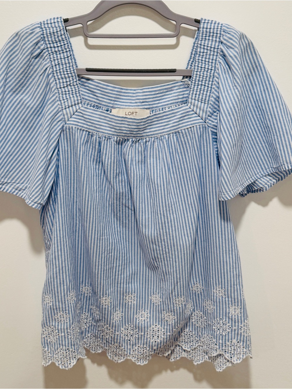 LOFT Blue White Striped Eyelet Cotton Blouse M